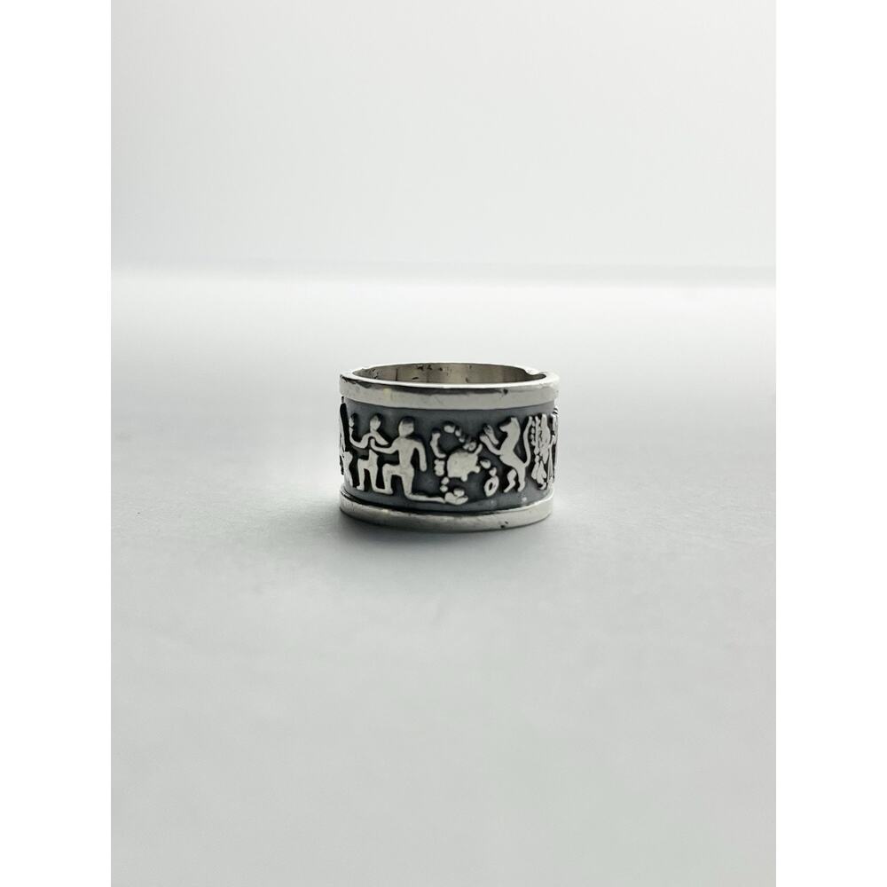1960s Mayan Astrology Zodiac Oxidized .925 Silver Band Ring, Size 7.5 Mexico - Picture 2 of 8